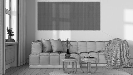Blueprint unfinished project draft, vintage living room, rattan furniture, parquet floor and wallpaper. Farmhouse interior design