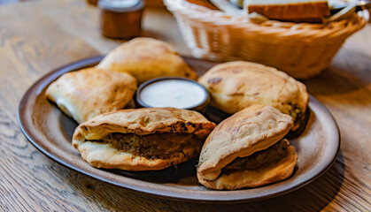 A plate of oven-baked pierogi on a restaurant table