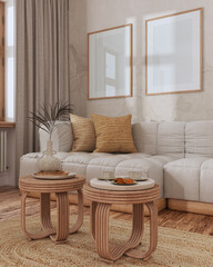 Frame mockup, wooden living room in white and beige tones. Parquet and rattan furniture, fabric sofa, wallpaper. Farmhouse interior design