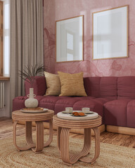 Frame mockup, wooden living room in red and beige tones. Parquet and rattan furniture, fabric sofa, wallpaper. Farmhouse interior design