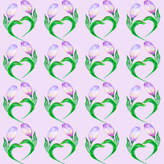 Seamless watercolor pattern, tulips on a pink background, psychedelic, heart, wallpaper, wrapping paper, textile