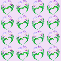 Seamless watercolor pattern, tulips on a pink background, psychedelic, heart, wallpaper, wrapping paper, textile