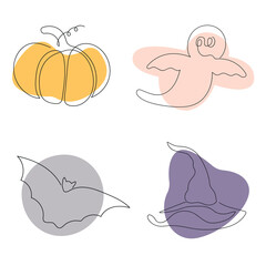 Fototapeta premium Set for postcard or poster for Halloween. One line drawing. Minimalism. Vector illustration.