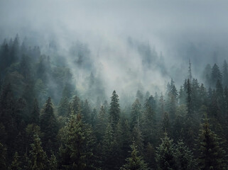 Sunlit foggy fir forest background. Peaceful and moody scene with haze clouds moving above the coniferous trees. Natural landscape with pine woods on the mountain hills covered with mist