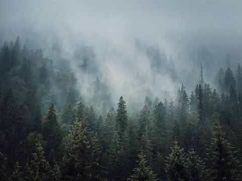 Sunlit foggy fir forest background. Peaceful and moody scene with haze clouds moving above the coniferous trees. Natural landscape with pine woods on the mountain hills covered with mist