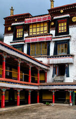 Architectural detail and colourful design inside Jokhang Temple in Lhasa, Tibet