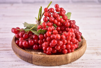 Viburnum berries on a wooden tray.Useful product.
