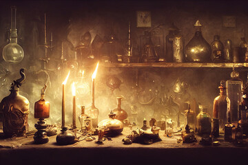 Sorcery room or wizard room.3d illustration - obrazy, fototapety, plakaty