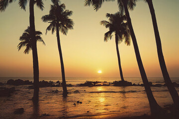 Beautiful tropical sunset at the beach, palm trees, ocean shore, digital illustration, digital painting, cg artwork, realistic illustration, 3d render