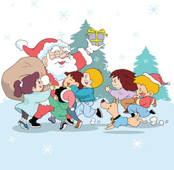 Santa Claus gives gifts. Children are happy.