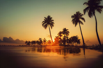 Fototapeta na wymiar Beautiful tropical sunset at the beach, palm trees, ocean shore, digital illustration, digital painting, cg artwork, realistic illustration, 3d render