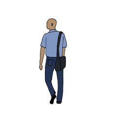 Bald man with a bag on his shoulder. Vector illustration of a business man in the style of doodles, rear view.