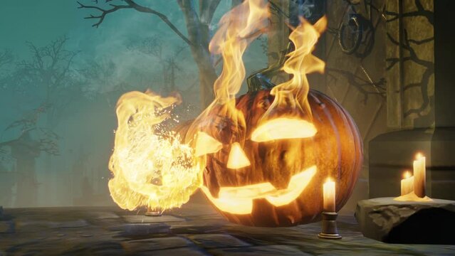 Halloween burning pumpkin head Jack lantern on the graveyard