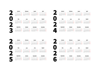 2023, 2024, 2025, 2026 years simple horizontal calendars set in english language, typographic calendars on white