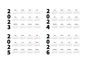 2023, 2024, 2025, 2026 years simple horizontal calendars set in spanish language, typographic calendars isolated on white - 531433943