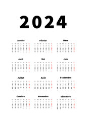 2024 year simple vertical calendar in french language, typographic calendar on white