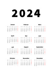 2024 year simple vertical calendar in german language, typographic calendar isolated on white
