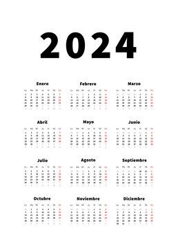 2024 year simple vertical calendar in spanish language, typographic calendar on white
