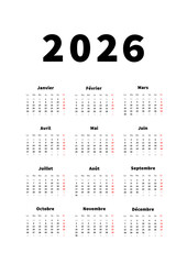2026 year simple vertical calendar in french language, typographic calendar on white