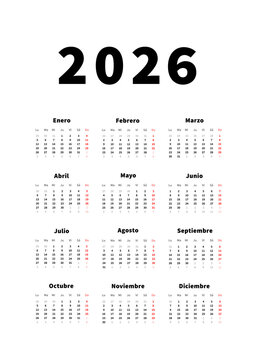 2026 year simple vertical calendar in spanish language, typographic calendar isolated on white