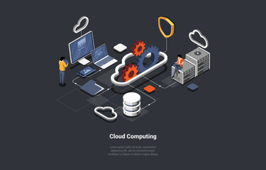 Cloud Computing. Delivery of Computing Services Including Servers, Storage, Databases, Networking, Software, Analytics, and Intelligence To offer Faster Innovation. Isometric 3d Vector Illustration