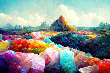 Beeindruckende Landschaft mit farbigen Kristallen bis zum Horizont. - obrazy, fototapety, plakaty