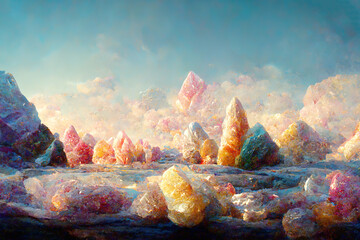 Beeindruckende Landschaft mit farbigen Kristallen bis zum Horizont.