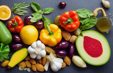 Assorted organic food products on the table. Fruits and vegetables composition.