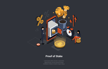 Blockchain Technology, Bitcoin, Altcoins Mining With Proof Of Stake Technology Concept. People Mining Crypto By Staking Cryptocurrency Using POS Technology. Isometric 3d Cartoon Vector Illustration