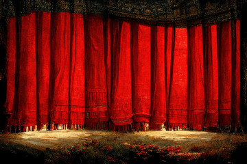 Ein großer roter Vorhang verbirgt ein Geheimnis.