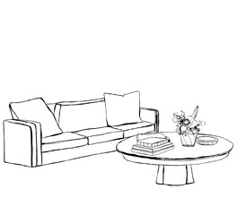 Hand drawn sketch of room interior. Sofa, table and chair