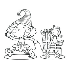 Cute elf girl with a cart full of toys and a teddy bear, Christmas clipart