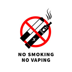 No vaping and smoking, forbidden sign with electronic cigarette on white