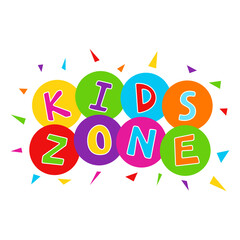 Cartoon colorful logo Kids Zone isolated on white background. Bright multicolored letters to children playroom or area decorating. Inscription of baby playground. Place for fun and play. Vector