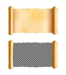 Old textured horizontal wide papyrus scroll, mockup with transparent place, template on white