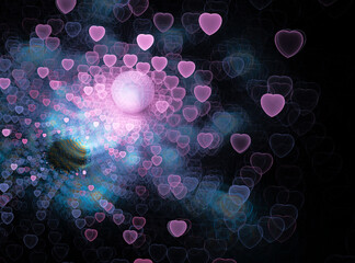 Bokeh color interspersed with bright gold lights. Fractal abstract background.