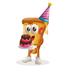 Cute pizza mascot wearing a birthday hat, holding birthday cake