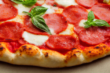 Delicious oven baked pepperoni pizza. Close up.