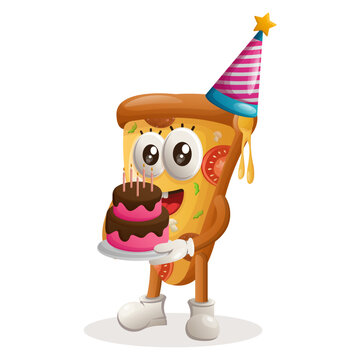 Cute Pizza Mascot Wearing A Birthday Hat, Holding Birthday Cake