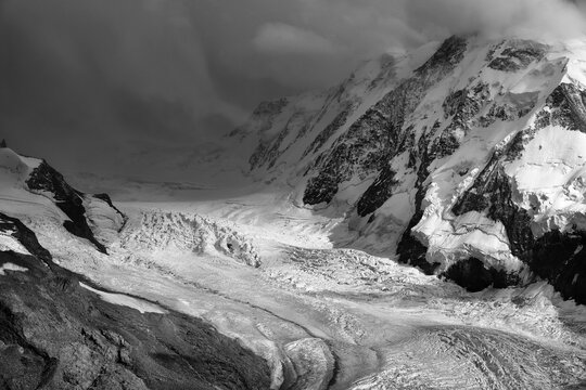 Scenic landscape of the Gorner Glacier (Gornergletscher) in Switzerland, the second largest glacier in the Alps, Europe