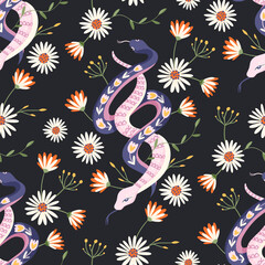 Obraz premium Snake couple floral seamless pattern. Vector flower magic snakes mystic boho background modern art.
