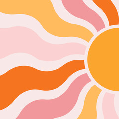Abstract wavy sun retro style illustration with colorful (orange, pink) sun rays on pastel pink background for summer lovers - 531436379