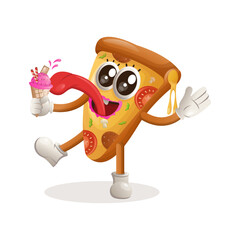 Cute pizza mascot eat ice cream, ice cream cone