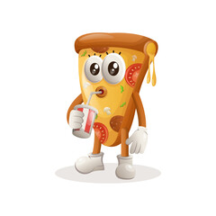 Cute pizza mascot drinking soda, cola