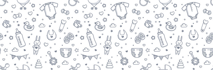Baby Seamless Background In White and Gray Colors. Vector Cartoon Illustration