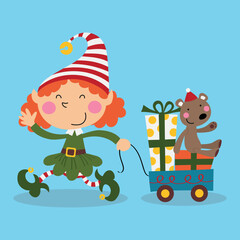 Cute elf girl with a cart full of toys and a teddy bear, Christmas illustration