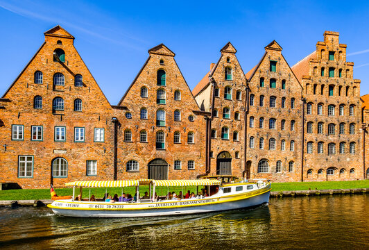 Lübeck, Germany - September 4: historic buildings at the old town of Lübeck on September 4, 2022