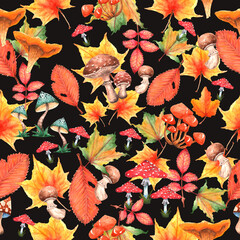 Seamless pattern with autumn leaves and mushrooms.