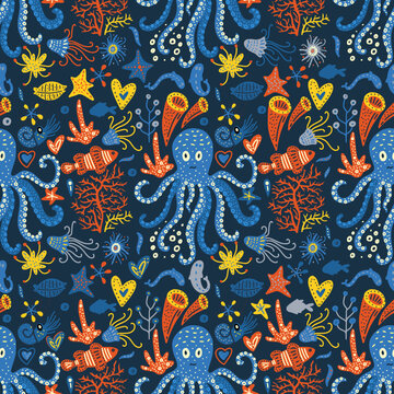 Octopus fish summer seamless vector pattern. Kid cartoon cute background.