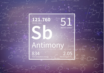 Antimony chemical element with first ionization energy, atomic mass and electronegativity on scientific background